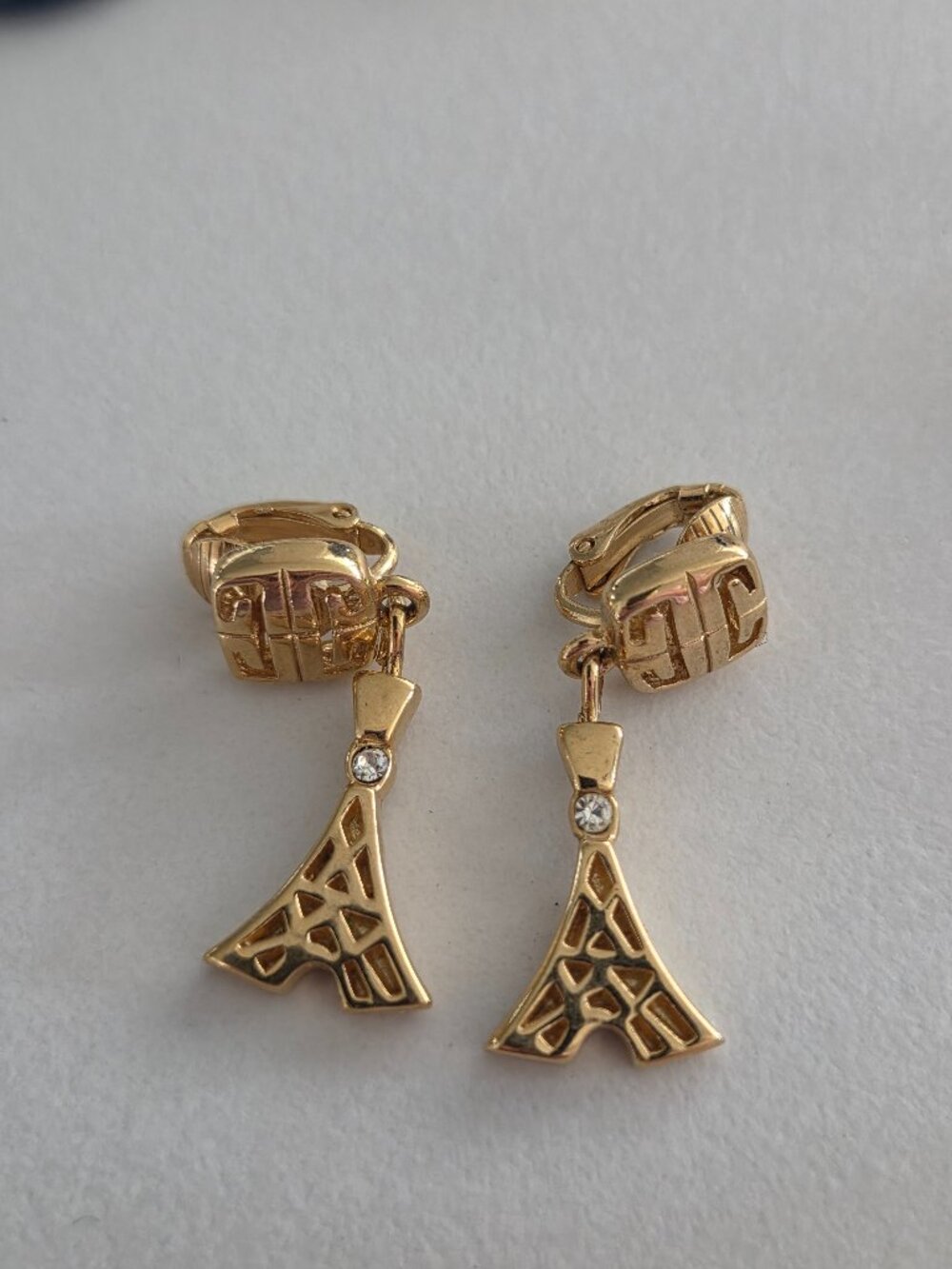 Vintage Givenchy Eiffel Tower Gold Tone Clip-On Earrings Rhinestone Paris